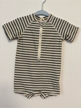 Quincy Mae Cream and Dark Green Striped Short-Sleeve Swimsuit